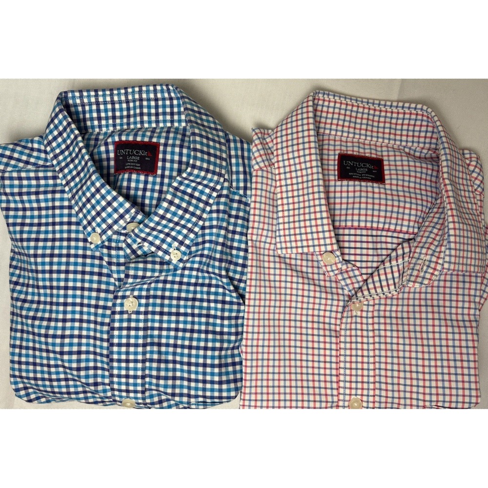UNTUCKit Shirt Mens Large Slim Fit Plaid Casual Short Sleeve Cotton Lot Of 2